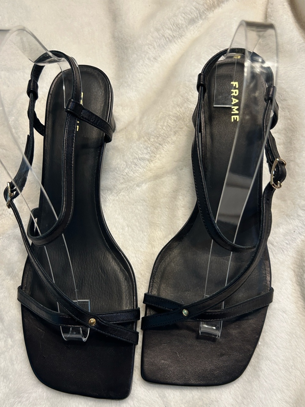 Frame Denim Black Leather Slingback Sandals with Cross Straps